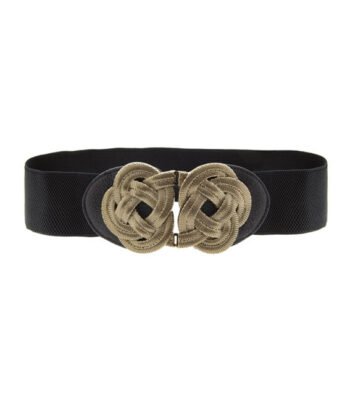 Μαύρη φαρδιά ελαστική ζώνη από οικολογικό δέρμα με κεντρικό κούμπωμα με σχέδιο κόμπους. Διαστάσεις μήκος 67 cm x πλάτος 6 cm