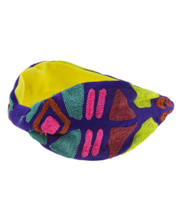 headband ή στέκα από ύφασμα σε μωβ και κίτρινη απόχρωση με κεντημένα στο χέρι πολύχρωμα γεωμετρικά σχέδια