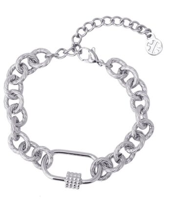 Βραχιόλι αλυσίδα με κεντρική διακοσμημένη λεπτομέρεια, σε ασημί. Διαθέτει αλυσίδα προέκτασης 5 cm και κούμπωμα για να εφαρμόσει τέλεια στο σώμα σας. Κατασκευασμένο από επιχρυσωμένο ατσάλι. Έχει μήκος 15 cm. Μπορεί να βραχεί, δεν σκουριάζει και είναι υποαλλεργικό.