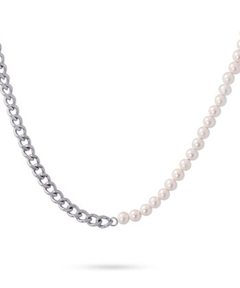 Kολιέ με αλυσίδα από ατσάλι και γυάλινες πέρλες 6 mm. Η ασυμμετρία το καθιστά ένα εντυπωσιακό μοντέλο, ένα ανανεωμένο κλασικό σχέδιο για να φοριέται με όλα τα είδη ρούχων και για κάθε περίσταση. Η αλυσίδα έχει μέγεθος 40 cm και έχει επιπλέον προέκταση 5 cm για να την προσαρμόσετε. Δεν προκαλεί αλλεργίες και μπορεί να βραχεί