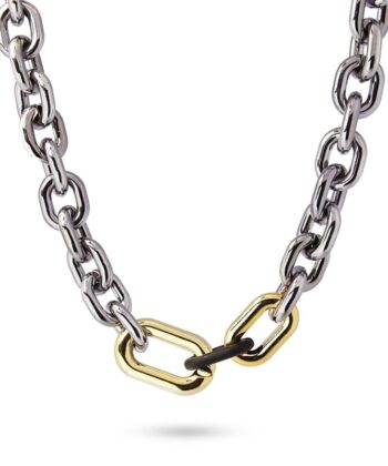 Κολιέ από κρίκους σε διάφορα μεγέθη από χρωματιστή ρητίνη σε χρυσό, ασημί και μαύρο. Συνδυάζεται υπέροχα με μινιμαλιστικές εμφανίσεις. Έχει μήκος 45 cm, ιδανικό για να φορεθεί γύρω από το λαιμό. Διαθέτει επιπλέον προέκταση 5cm με κούμπωμα τύπου αστακού από αντιαλλεργικό και ανοξείδωτο χειρουργικό ατσάλι.