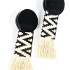 Χειροποίητα σκουλαρίκια fringe σε μαύρο χρώμα από plexi glass με ασπρόμαυρη υφαντή κορδέλα. Διαστασεις 8,5x3εκ.