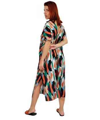 Alternative view of Φόρεμα midi θαλάσσης σε πορτοκαλί αποχρώσεις με γεωμετρικά σχέδια