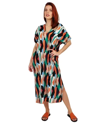 Χειροποίητο φόρεμα midi θαλάσσης σε πορτοκαλί αποχρώσεις με γεωμετρικά σχέδια. Υλικό 100% βισκόζι. One size.