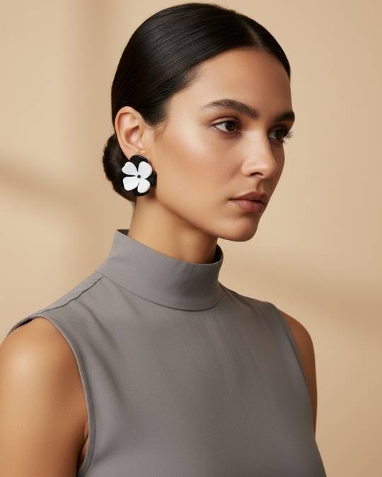 Σκουλαρίκια λουλούδι 3D ασπρο μαύρο plexi glass - Image 2