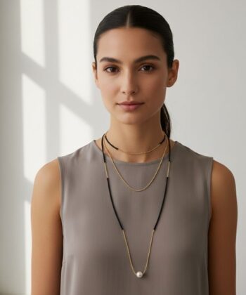 Alternative view of Τριπλό κολιέ άσπρο μαύρο με μαργαριτάρι