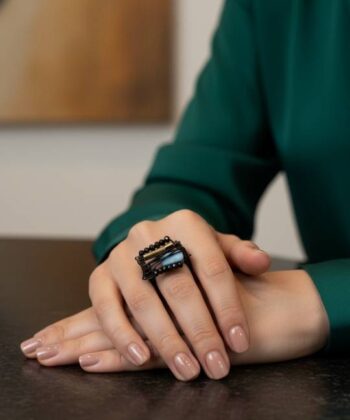 Alternative view of Δαχτυλίδι τετράγωνο με crystal aqua, μαύρο όνυχα και αιματίτη