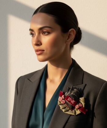 Alternative view of Καρφίτσα καρδιά με ροζ τριαντάφυλλα