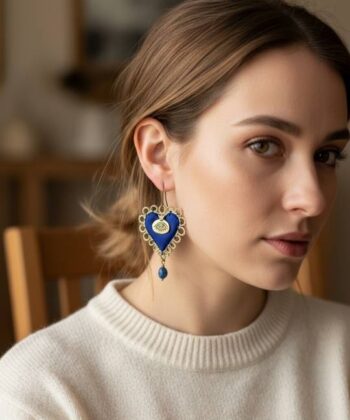 Alternative view of Σκουλαρίκια υφασμάτινη καρδιά σε μπλε απόχρωση