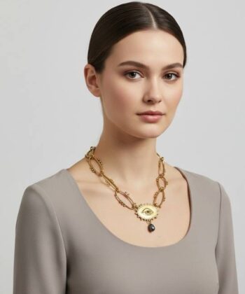 Alternative view of Κολιέ μάτι με χοντρή αλυσίδα και γκρι μαργαριτάρι